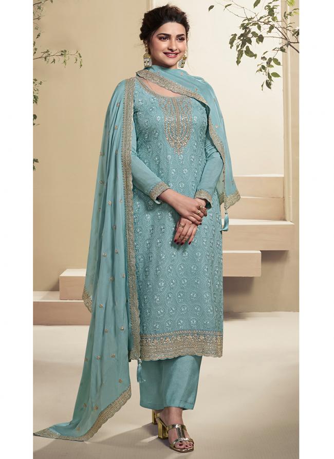 Organza Sky Blue Party Wear Embroidery Work Straight Suit